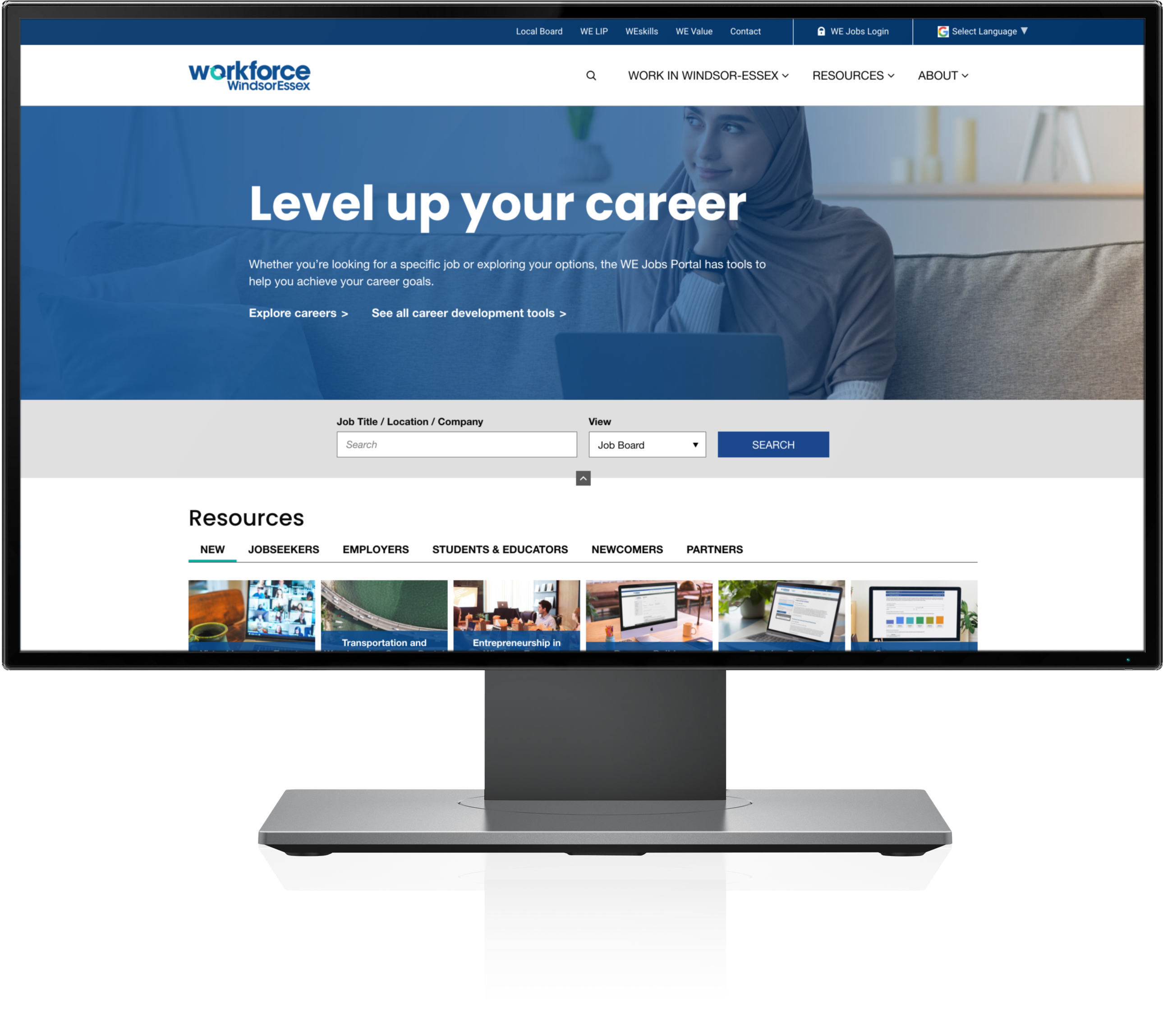 Computer monitor displaying the UX optimizations implemented on the Workforce WindsorEssex website.